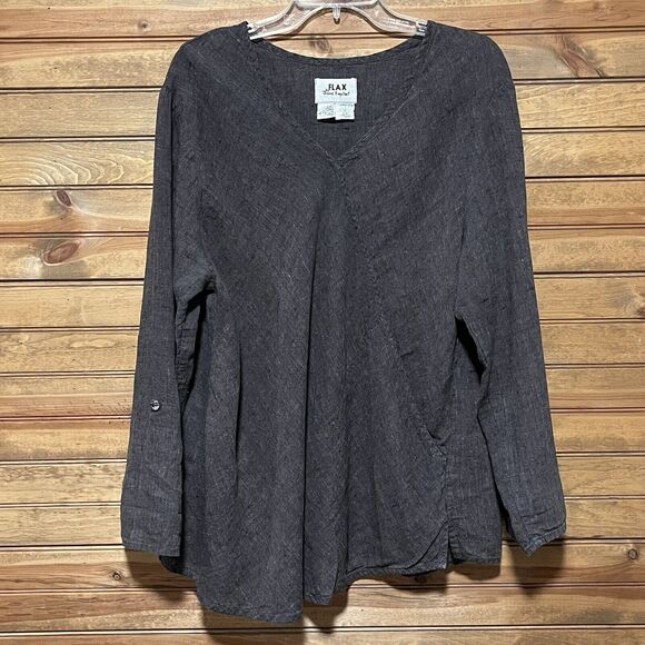 Flax Tops - FLAX Jeanne Englehart 100% Linen Women’s Gray Top Lagenlook Front Pocket Size M